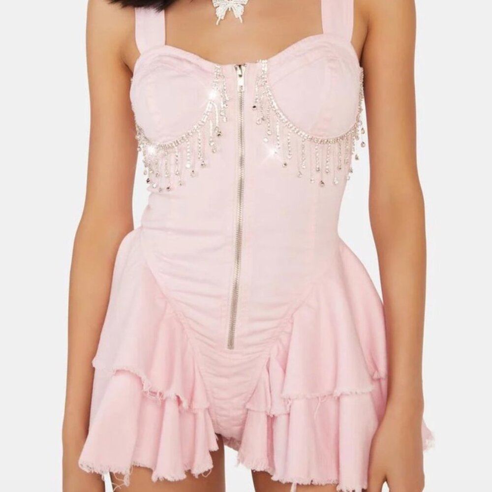 Dollskill Twill Rhinestone Fringe Ruffle Sides Romper